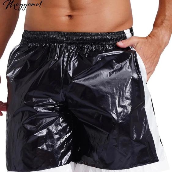 Moggemol Boxer aspect mouillé pour hommes, cordon de serrage, poches à taille élastique, Short de plage imperméable, maillot de bain, coupe ample, pantalon court, Club