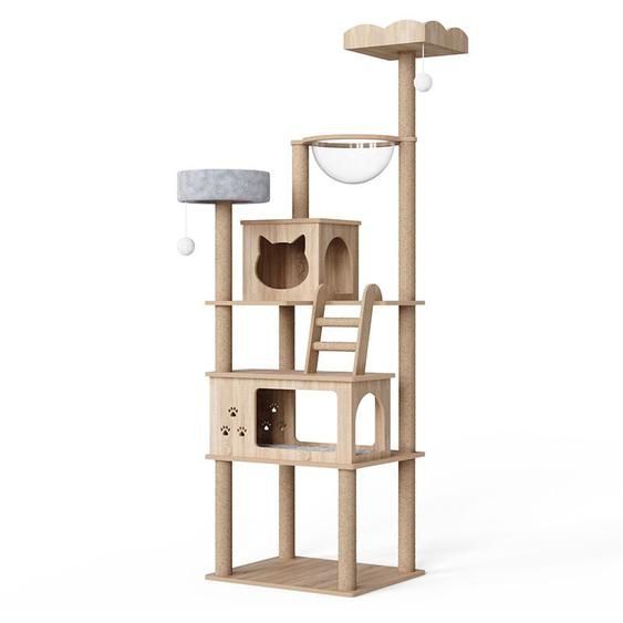 Arbre à chat en bois haudeur de 184 cm avec deux maisons pour chats et un griffoirs avec coussins en peluche amovibles et cabine spatiale