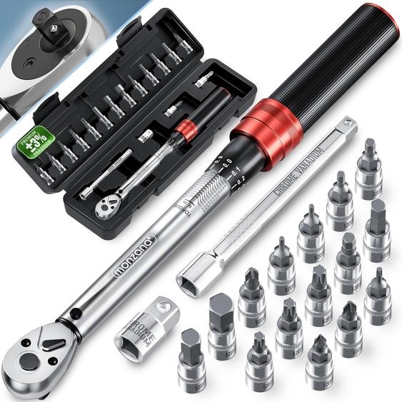 MONZANA® Clé dynamométrique 1/4 1-25 NM ±3% 18 pièces acier CV extension boîte de rangement vélo moto set complet clé de serrage clé à cliquet