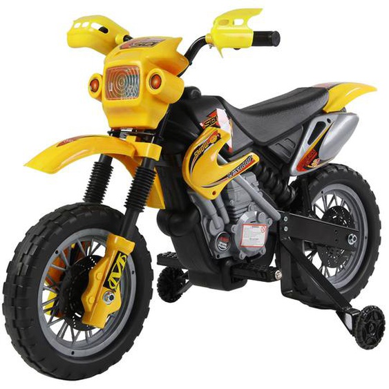 Moto Cross Électrique Enfant 6v Phares Klaxon Musiques Roues Auxiliaires Amovibles Jaune