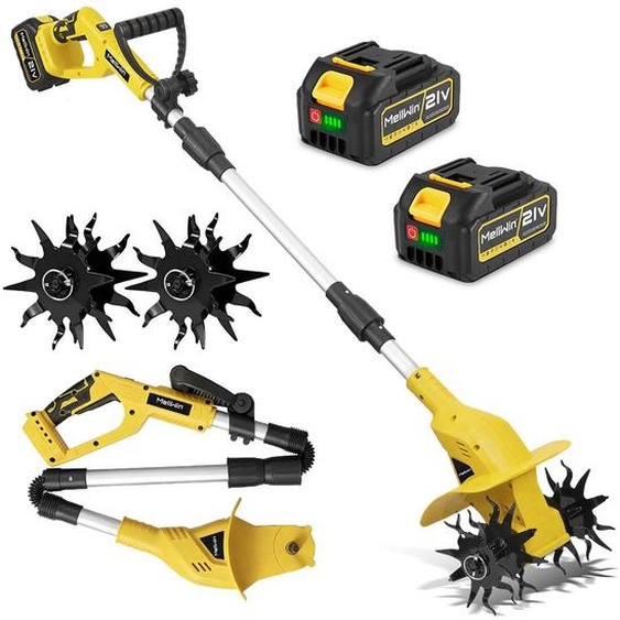 Motobineuse Sans Fil 500w, Motoculteur 450 Tr/Min, Largeur De Travail 22cm, Design Pliable, Interrupteur De Sécurité, Livrée Avec 2batteries Pour