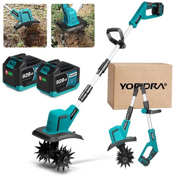 Motobineuse sans fil Bineuse de jardin Motobineuse 600 tr/min Batterie Bineuse de sol Roues de transport pliables, largeur de travail 20 cm, avec 2 batteries 4.5Ah, pour pelouse/jardin