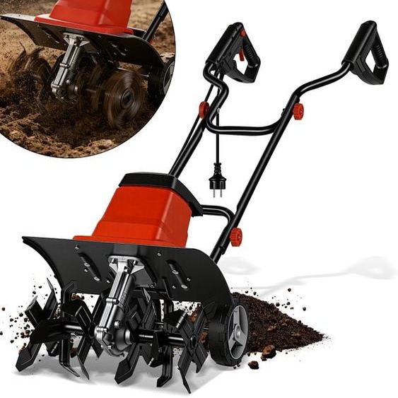 Motoculteur électrique Izrielar, motoculteur, motobineuse, houe rotative, cultivateur, jardinage, travail du sol, bêchage, ameublissement, avec lames, interrupteur de sécurité, motobineuse électrique de 1 500 W rouge et noire avec roues