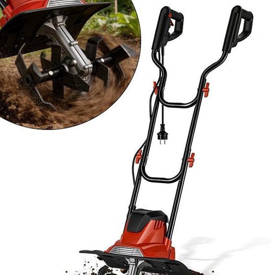 Motoculteur électrique Izrielar, motoculteur, motobineuse, sarcleuse, cultivateur, jardinage, travail du sol, bêchage, ameublissement, avec lames, interrupteur de sécurité, motobineuse électrique rouge et noire de 1050 W