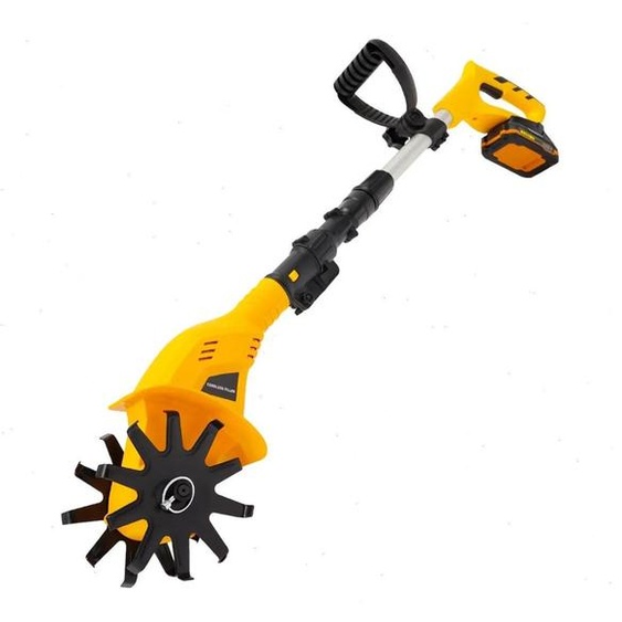 Motoculteur électrique - Motoculteur sans fil 20 V - Poignée réglable - Interrupteur de sécurité - 250 tr/min - Autonomie de 40 min - Temps de charge : 1 à 3 h - Jaune et noir