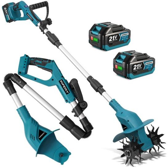 Motoculteur sans fil 21 V Motoculteur électrique 800 tr/min Motoculteur sans fil, avec 2 batteries et chargeur Largeur de travail 20 cm, profondeur 15 cm