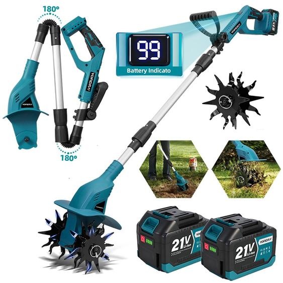 Motoculteur sans fil Largeur de travail 20 cm, profondeur de travail 15 cm Motoculteur avec 2 batteries 4,5 Ah et 2 lames pour pelouse/jardin