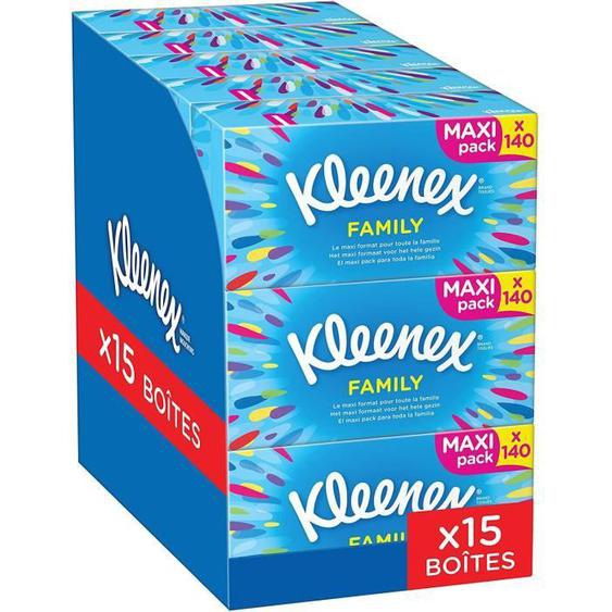 Mouchoirs Kleenex Family - boites de mouchoirs - Grande contenance - Pack de 15 21573
