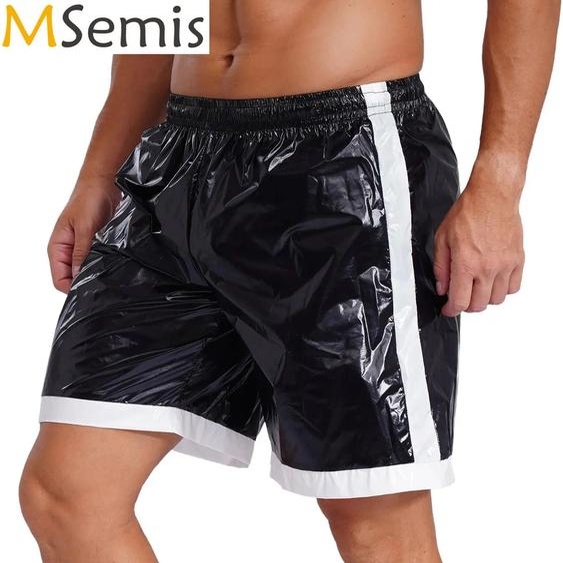 MSemis Boxer pour hommes, Look mouillé, short de bain, cordon de serrage, poches à taille élastique, rayures contrastées, short de plage, maillot de bain, vêtements de détente