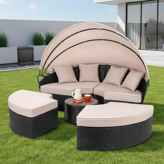 Mucola Chaise longue Fauteuil de plage Ilot de bronzage 180CM Table en poly rotin Ensemble de salon de jardin Sunbed Coussin Beige - Noir