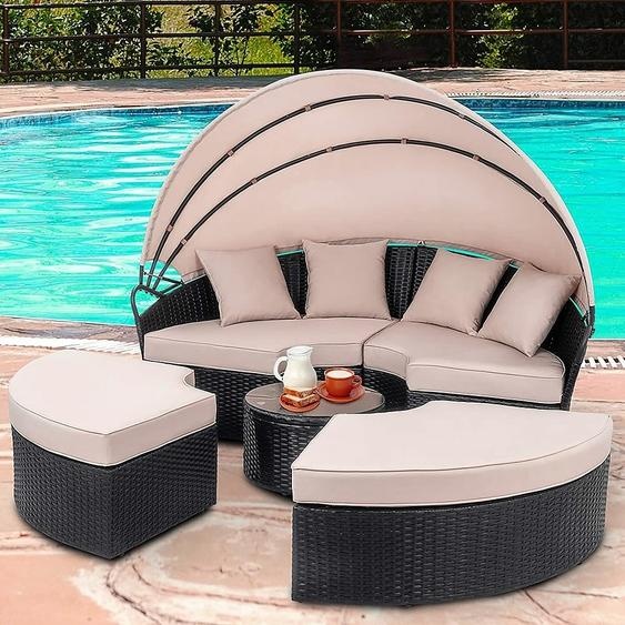 Mucola Chaise longue Fauteuil de plage Ilot de bronzage 180CM Table en poly rotin Ensemble de salon de jardin Sunbed Coussin Beige - Noir