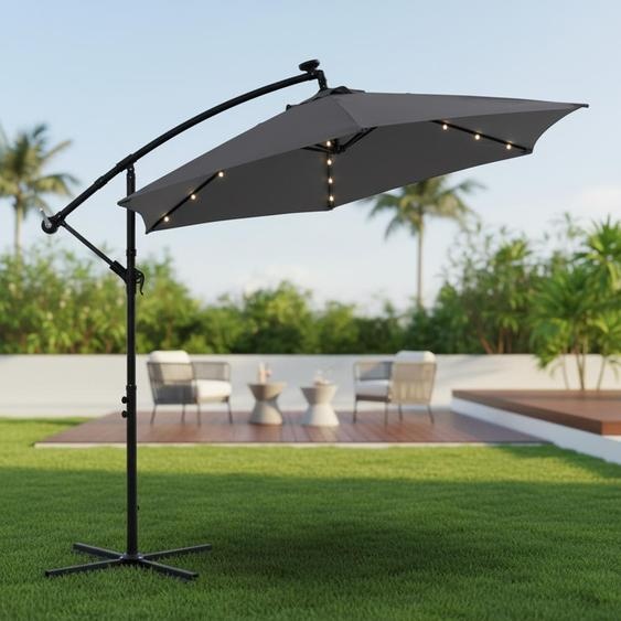 Mucola Parasol à manivelle Parapluie de jardin Parapluie de marché Parapluie de plage Parasol de terrasse Protection solaire - Gris avec LED 3,5 m