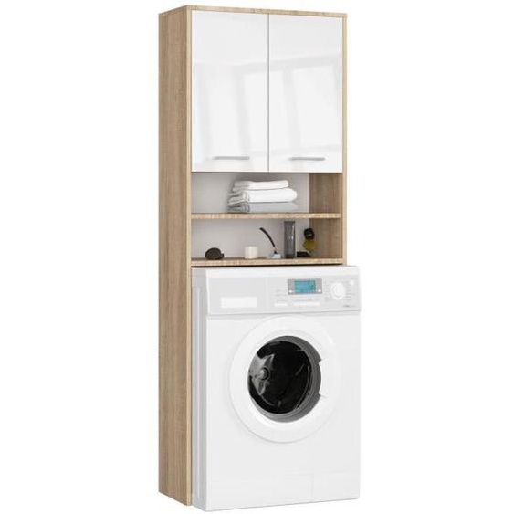 Mueble pour machine à laver Chêne Sonoma 64 cm 2 portes façade Blanche Brillante 4 étagères 64x30x180 cm