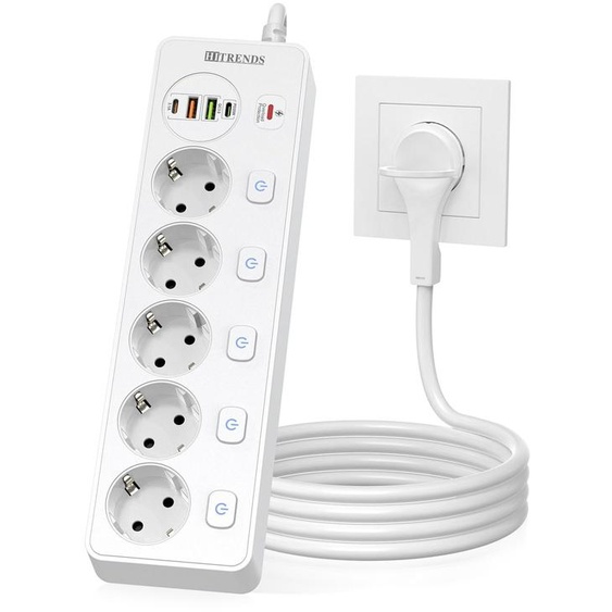 Multiprise à 5 prises avec ports USB et protection contre les surtensions, longueur 2 mètres, couleur blanche