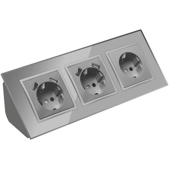 Multiprise dangle en verre à 2 prises avec prise USB et prise Schuko, bloc multiprise à 45°, boîte de dérivation argentée.