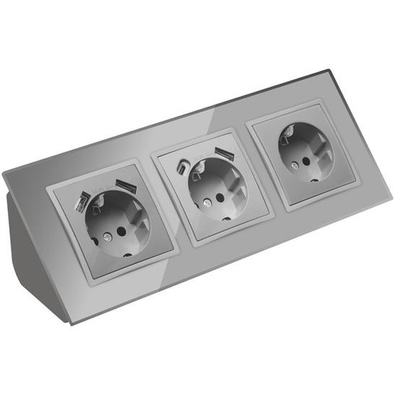 Multiprise dangle en verre à 2 prises avec USB et USB-C et prise Schuko, bloc multiprise à 45°, boîte de dérivation argentée.