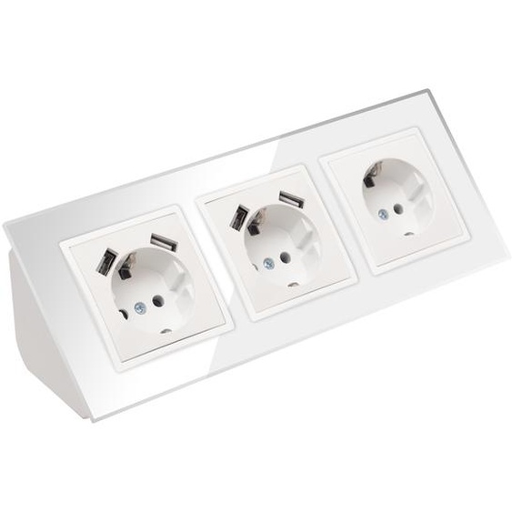 Multiprise dangle en verre à 3 prises avec port USB et prise Schuko, bloc multiprise à 45°, boîte de dérivation blanche.
