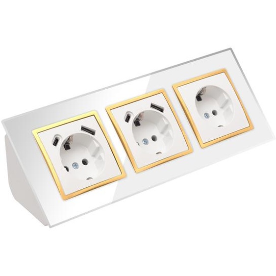 Multiprise dangle en verre à 3 prises avec ports USB-A et USB-C et prise Schuko. Bloc multiprise à 45° blanc avec bordure dorée.
