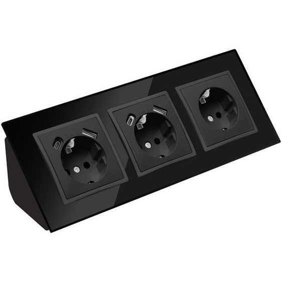 Multiprise dangle en verre à 3 prises avec ports USB et USB-C et prise Schuko, bloc multiprise à 45°, boîte de dérivation noire.