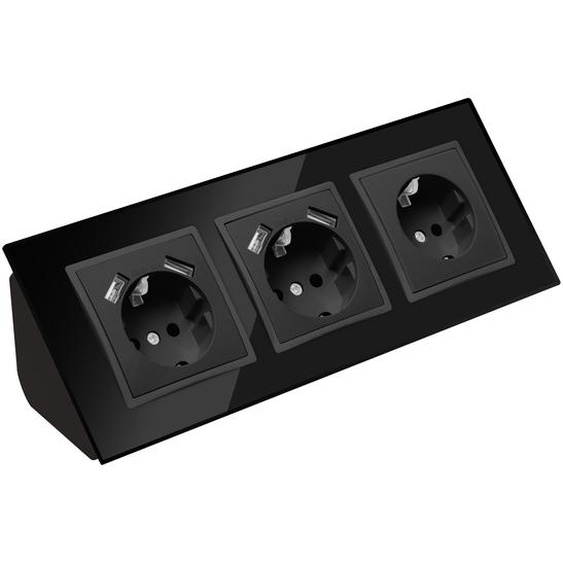 Multiprise dangle en verre à 3 prises avec prise USB et prise Schuko, bloc multiprise à 45°, boîte de dérivation noire.