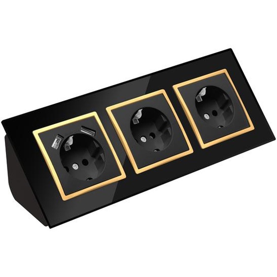 Multiprise dangle en verre à 3 prises et bloc multiprise avec prise USB, boîte de dérivation à 45°, noire avec bordure dorée.