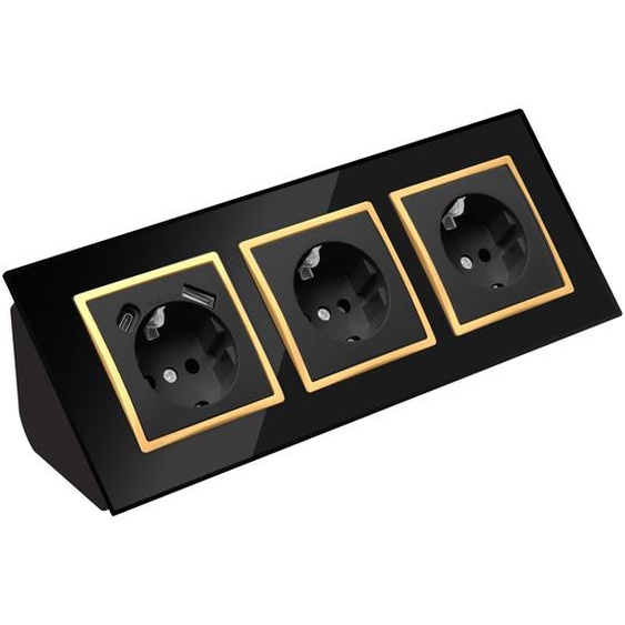 Multiprise dangle en verre à 3 prises et bloc multiprise avec prise USB-C, à 45°, noir avec bordure dorée.