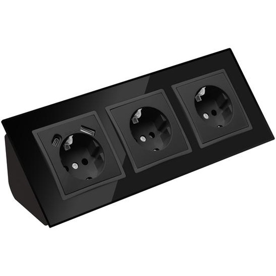 Multiprise dangle en verre à 3 prises et bloc multiprise avec prise USB-C, boîte de dérivation à 45°, noir.
