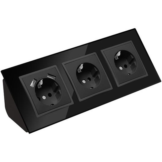Multiprise dangle en verre à 3 prises et bloc multiprise avec prises USB, boîte de dérivation à 45°, noir.