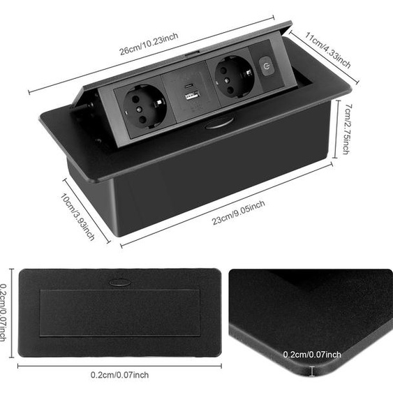 Multiprise escamotable avec port USB - Prise encastrable pour bureau - 2 prises - Extensible - e CE - Noir