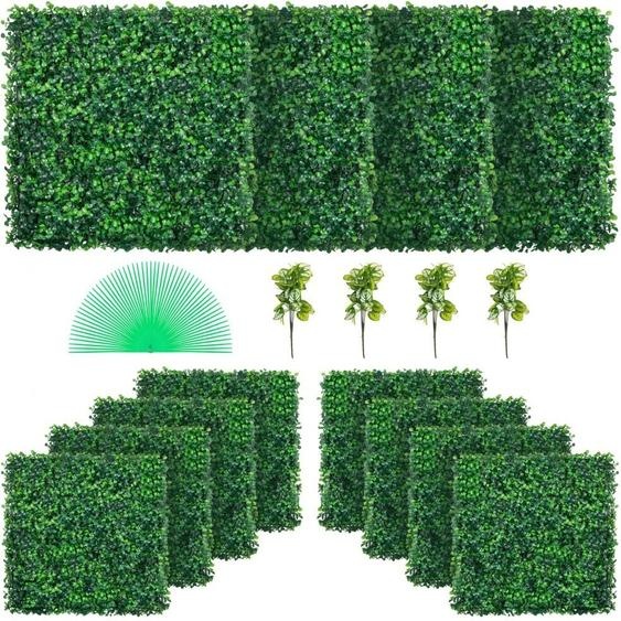 Mur végétal artificiel 12 pcs - 20 x 20 pouces - haie brise-vue - Vert artificiel - Plaque de buis artificiel PE -Pare-vue plantes artificielles 50 x 50 cm - haie brise-vue décoration murale mur végétal.