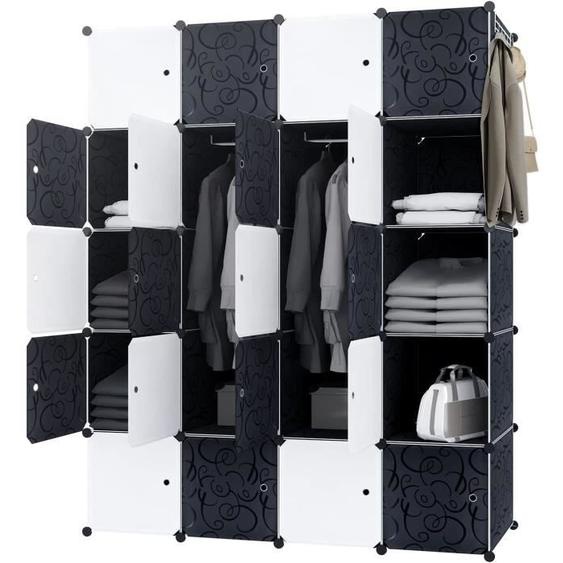 Garde-robe - NAIZY - Système détagères DIY - 20 cubes - Noir et Blanc - 2 tringles à vêtements