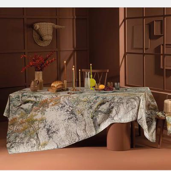 Nappe métis lin & coton lavé 190 g/m² imprimé multicolore beige Bois de mystere parchemin