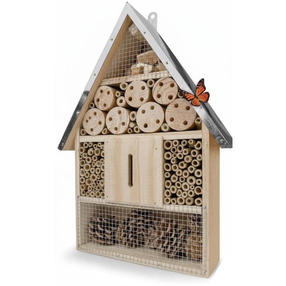 NatureCrafts Grand hôtel à insectes 39 x 23 cm en bois naturel – hôtel à abeilles résistant aux intempéries avec toit métallique pour abeilles, coccinelles et papillons, à installer