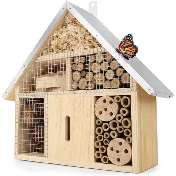 NatureCrafts Hôtel à insectes – Maison en bois naturel résistante aux intempéries pour abeilles, abeilles sauvages, coccinelles et papillons, à suspendre, 29,5 x 9 x 28 cm