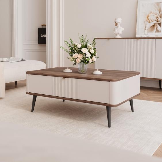 NAVANI Table basse avec tiroir élégante table de salon avec structure en métal noir Table basse cannelée poignée dorée 100x60 cm Cachemire + Noyer