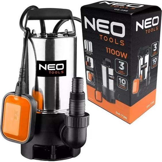 NEO TOOLS Pompe submersible pour eaux sales en acier inoxydable (débit de 18.000l/h, hauteur de refoulement de 9,5m, 1100W, granulométrie de 25mm) Pompe submersible pour eaux sales