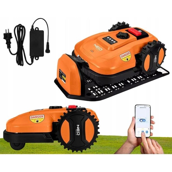 NEO TOOLS Robot de tonte avec batterie interchangeable pour jardins jusquà 600 m2 - contrôle par application smartphone - station de charge, 100m de câble limite - 18 V DC