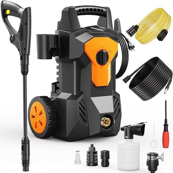 Nettoyeur haute pression 140 bars, 1600W, appareil mobile, pistolet à eau haute pression, débit de 420 litres/heure, avec lance à mousse et enrouleur de tuyau, idéal pour le nettoyage des voitures, des clôtures, du jardin et des terrasses