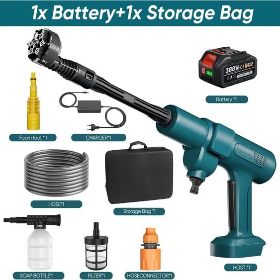 Nettoyeur haute pression et pistolet à eau - Batterie 18 V - 200 bars - 3 500 W - Moteur sans balais - Buse 6 en 1 - Batterie incluse - Pour la voiture et le jardin
