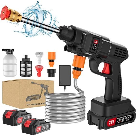 Nettoyeur haute pression mobile - Batterie 21 V - 2 batteries - Portée 10 m - Débit 5 l/min - Pistolet de lavage pour voiture - Blanc