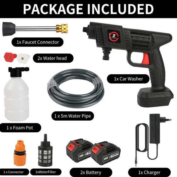 Nettoyeur haute pression mobile - Pistolet de lavage sans fil - 2 batteries 20 000 mAh - Tuyau de 5 m - Lance à mousse - Pour voiture et jardin - Prise UE - Argent