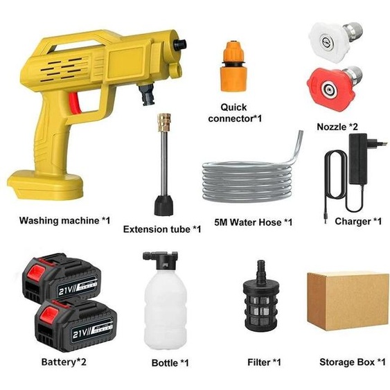 Nettoyeur haute pression - Pistolet pulvérisateur sans fil - 1 500 W, 50 bars, système 18 V, 2 batteries incluses, prise UE - Jaune