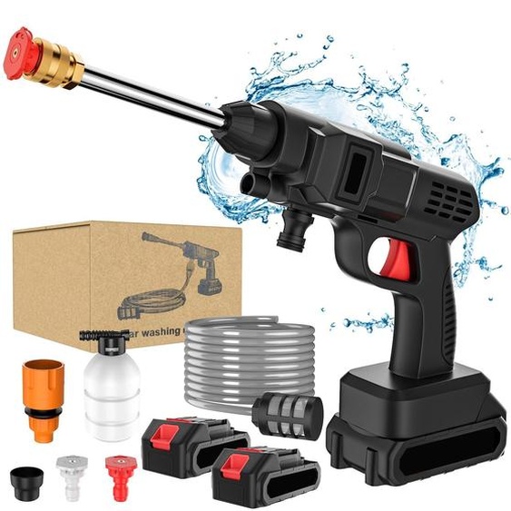 Nettoyeur haute pression portable - Pistolet de lavage sans fil - 30 000 mAh - 2 batteries - Avec tuyau darrosage - Pour la voiture, la maison et le jardin - Orange
