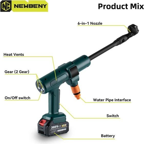 Nettoyeur haute pression portable - Pistolet de lavage sans fil - 3500 W - 200 bars - Moteur sans balais - Buse 6 en 1 - 18 V - Tuyau de 5 m - Vert