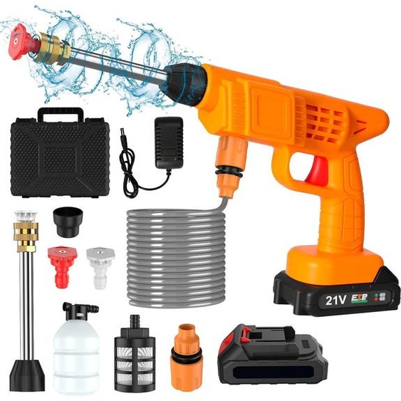Nettoyeur haute pression portable pour voiture - Pistolet de lavage sans fil 21 V - À main, tuyau de 5 m, raccord en cuivre, 1 batterie incluse - Orange