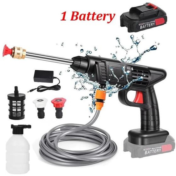 Nettoyeur haute pression sans fil - Appareil portatif - Batterie de 6 000 mAh - 1 batterie incluse - Chargeur avec prise UE - Fonction mousse - Pour la voiture et le jardin
