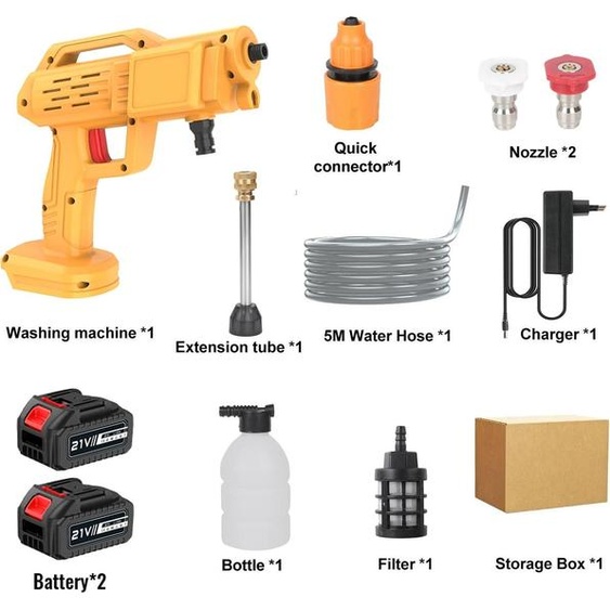 Nettoyeur haute pression sans fil - Pistolet à eau 21 V - 1500 W - 50 bars - 2 batteries 12 000 mAh - Tuyau inclus - Or