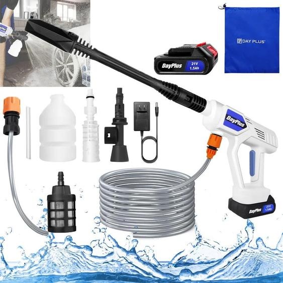 Nettoyeur haute pression sans fil - Pistolet à main - 21 V - Batterie 1,5 Ah + chargeur - Pression 1,2 MPa - Débit 2,8–3 l/min - Buse en cuivre - Tuyau  5 m