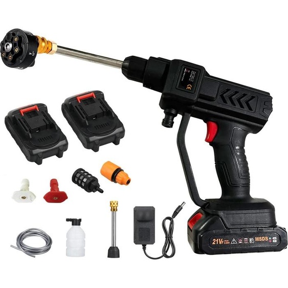 Nettoyeur haute pression sans fil - Pistolet de lavage - 60 bar - 100 W - Buse 5 en 1 - Fonctionne sur batterie - Batterie incluse - Avec flexible - Noir