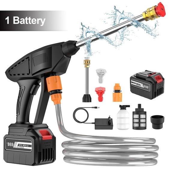 Nettoyeur haute pression sans fil - Pistolet de lavage maniable - 60 bars - 10 l/min - Portée de 6 à 10 m - Tuyau de 5 m - Batterie au lithium